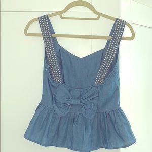 COPY - Denim peplum top w/ pearl detail at straps and bow